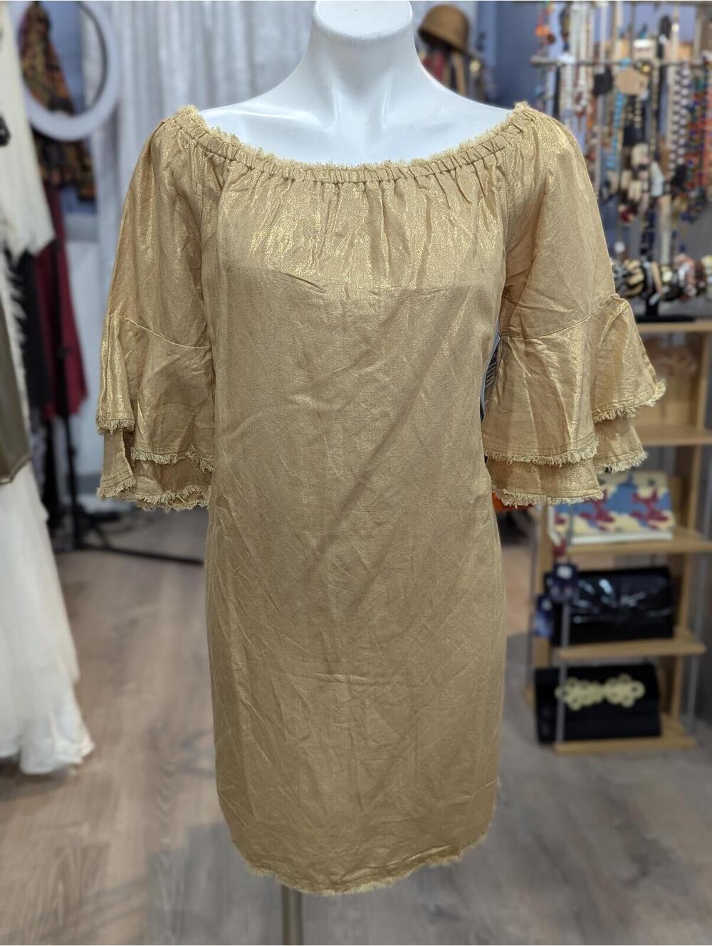 Boston Proper Linen Off The Shoulder Tiered Sleeve Shift Dress